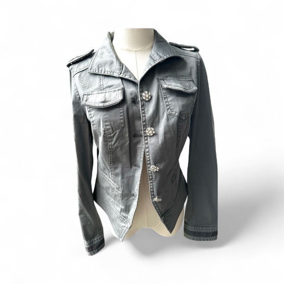 Women's Gray Military Style Jacket with Crystal Buttons – Size Small - Picture 1 of 14